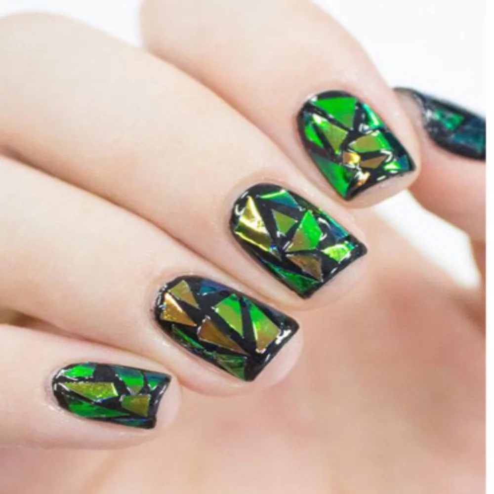 Günstig Holographische Shiny Laser Nagel Transfer Folien Aufkleber Größe 100 M * 5 cm Gebrochen Glas DIY Nail art Schönheit Dekoration schablone Aufkleber