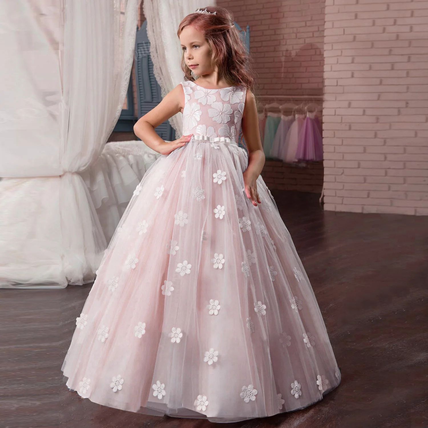 Детское платье; свадебное платье с цветочным узором для девочек; красивое пышное платье принцессы с вышивкой для девочек; платье для дня рождения, вечеринки, выпускного вечера - Цвет: Pink