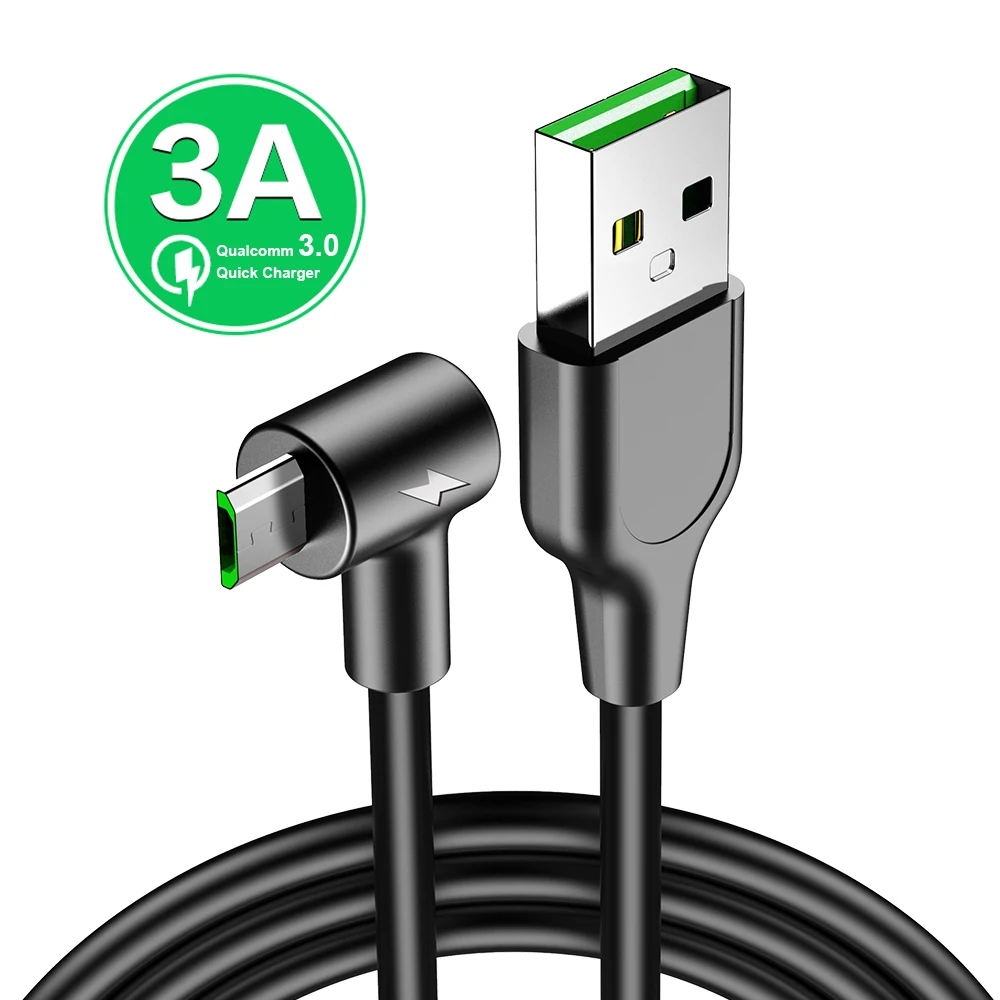 90 درجة 3A المصغّر usb بيانات شاحن كابل سلك Microusb كابل شحن سامسونج سريع S8 S9 S10 هواوي Andriod الهاتف المحمول الكابلات