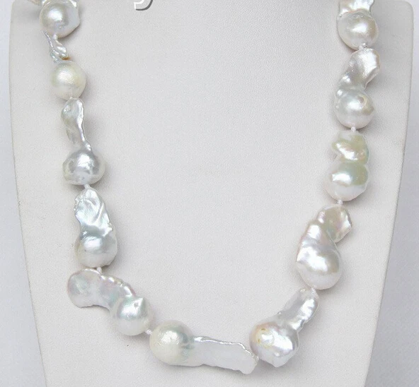 

shipping>>> >>>luster 17" 35mm white Reborn keshi pearls necklace 925 silver clasp j9368