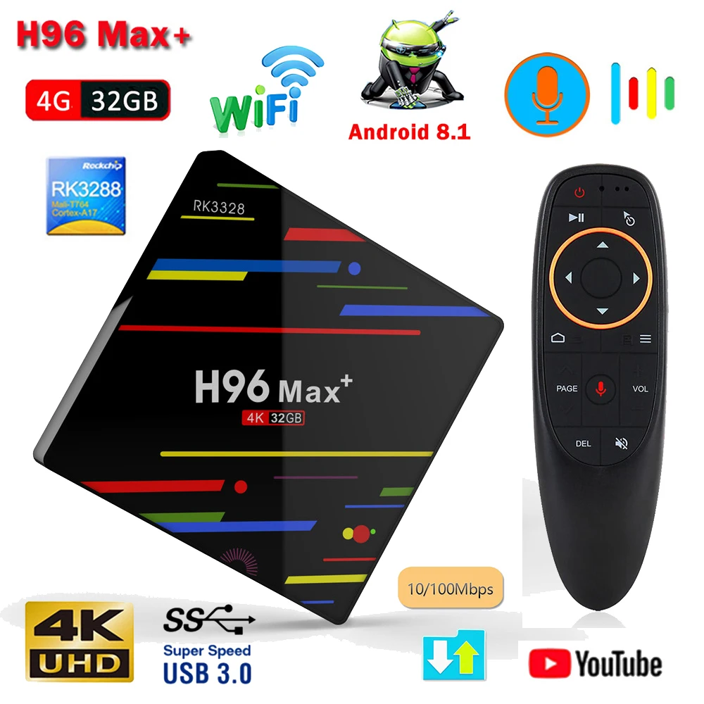 H96 Max плюс 4 GB 32 GB RK3328 Android 8,1 Smart ТВ коробка с Google Voice удаленного Управление 4 K H.265 USB 3,0 2,4G Wi-Fi комплект-топ ТВ коробка