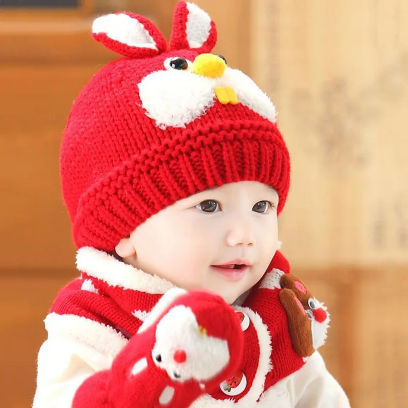 Kids Hat For Girls Boys Winter Warm Baby Accessories Set Cartoon Beanie Caps+Scarfs Baby Cap Suits