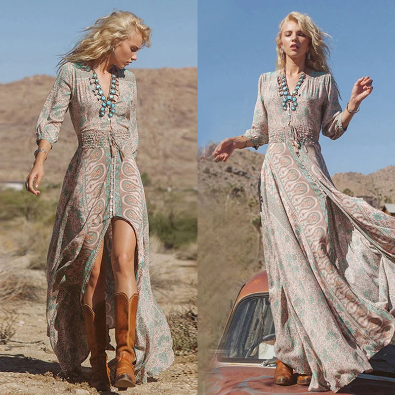 

Summer Vintage Retro Sexy Chiffon Print Floral Women Long Maxi Dress High Cut Elegant Party Evening Beach Dresses