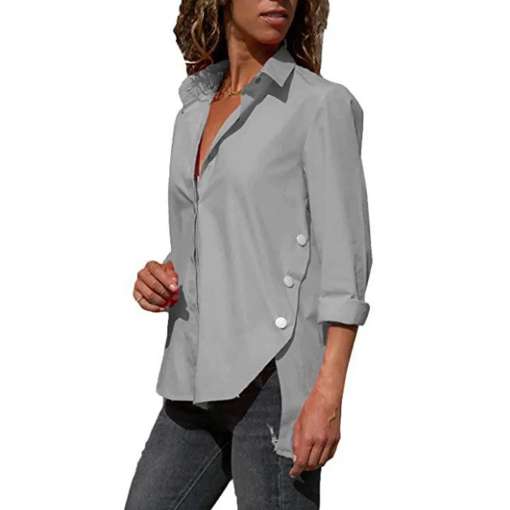 Нерегулярные с длинными рукавами на пуговицах Шифоновая блузка Для женщин Женское пальто с твердым отложным воротником Туника рубашки осенние женские блузки размера плюс Топы 5XL - Цвет: Серый