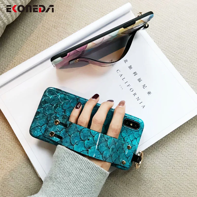 

EKONEDA Cartoon Mermaid Scale Case For iPhone XR Wrist Band Phone Holder Case Silicone Cover For iPhone XS Max 8 6 6S 7 Plus X