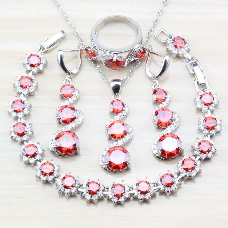 

925 Silver Women Bridal Wedding Costume Red Garnet Zircon Jewelry Sets Bracelet/Earrings/Necklace/Ring Size 6/7/8/9/10