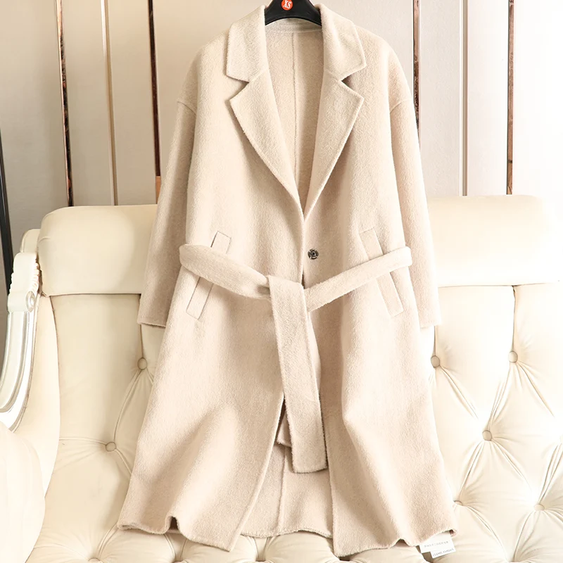 

Limited Time Sale New Double-sided Handmade Wool Overcoat Spring 2019 New V-neck Slim Belt Trench Coat For Women Woolen Alpaca