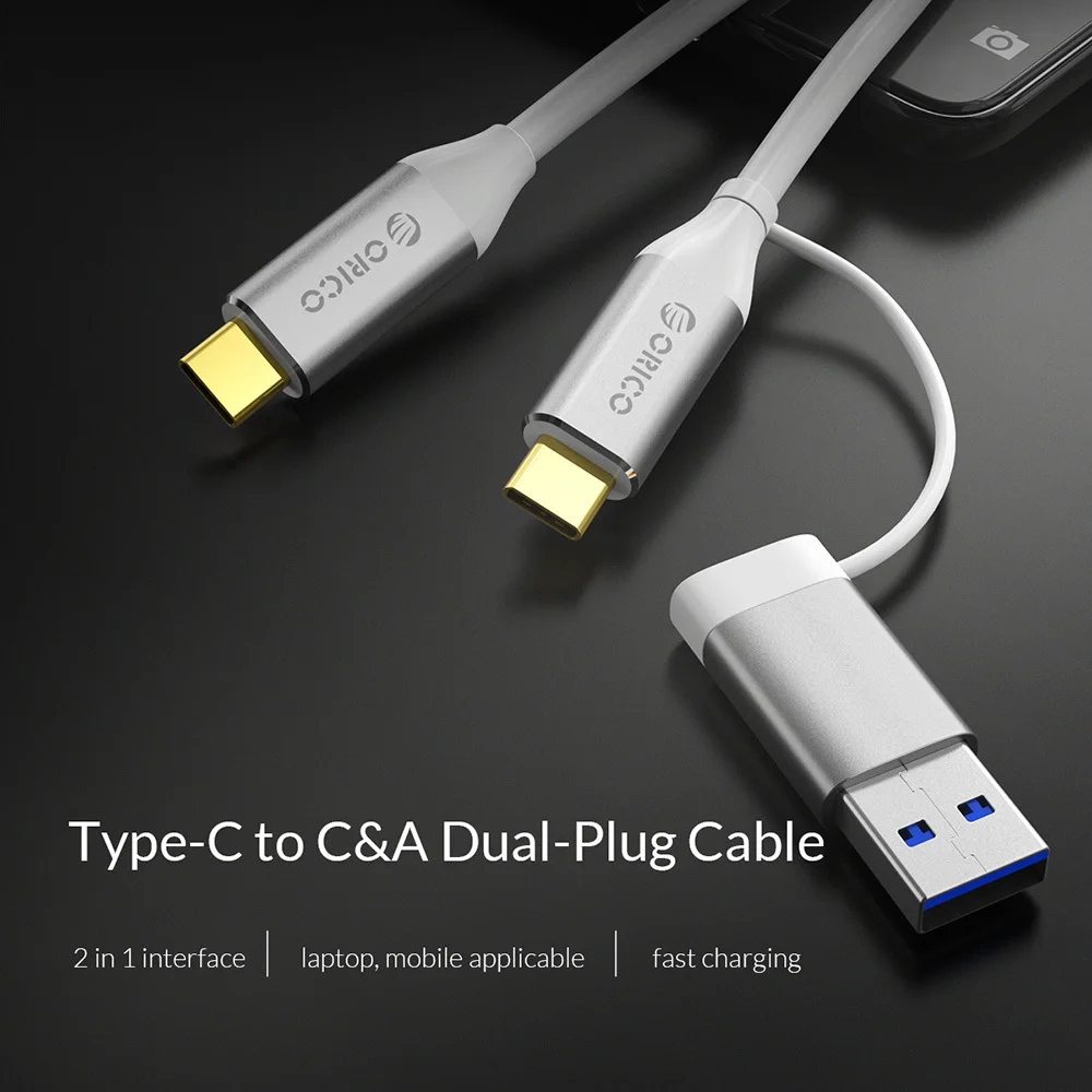 ORICO 2 в 1 интерфейсный кабель тип-c к C и двойной штекер кабеля USB3.0 высокая скорость передачи 5A 10Gpbs зарядный кабель для телефона