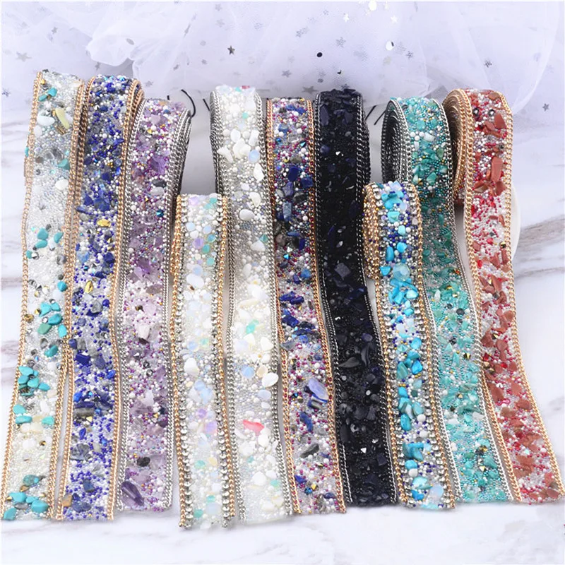 50CM Fake Gem Rhinestone Pearl Beaded Lace Fabric Trim Diy Wedding