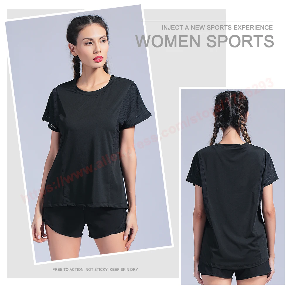 Running Patchwork Shirts Mesh Yoga Fitness Shirts Loose Workout Tee Breathable Women Sport Shirts Causal Short Sleeve