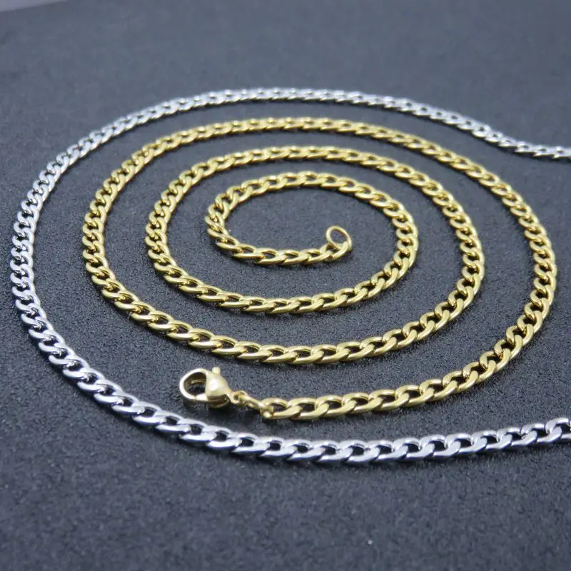 

4mm Width Silver Tone Stainless Steel Chain Curb Chain Necklace For Man Women Fashion NK Chain Jewelry