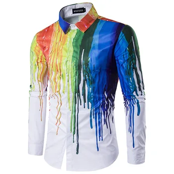

Loldeal New 3D Printing Shirt Men Splash-ink Printed Colorful Mens Dress Shirts Design Long Sleeve Cotton Male Chemise Homme