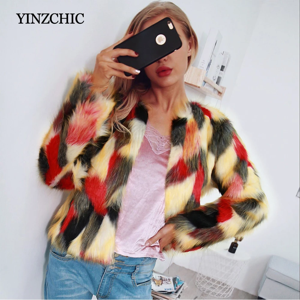 

Winter Woman Fake Fur Coat Full Sleeve Female Street Artificial Fur Outwear Colors Patched Fur Regular Coats Women Warm Coat