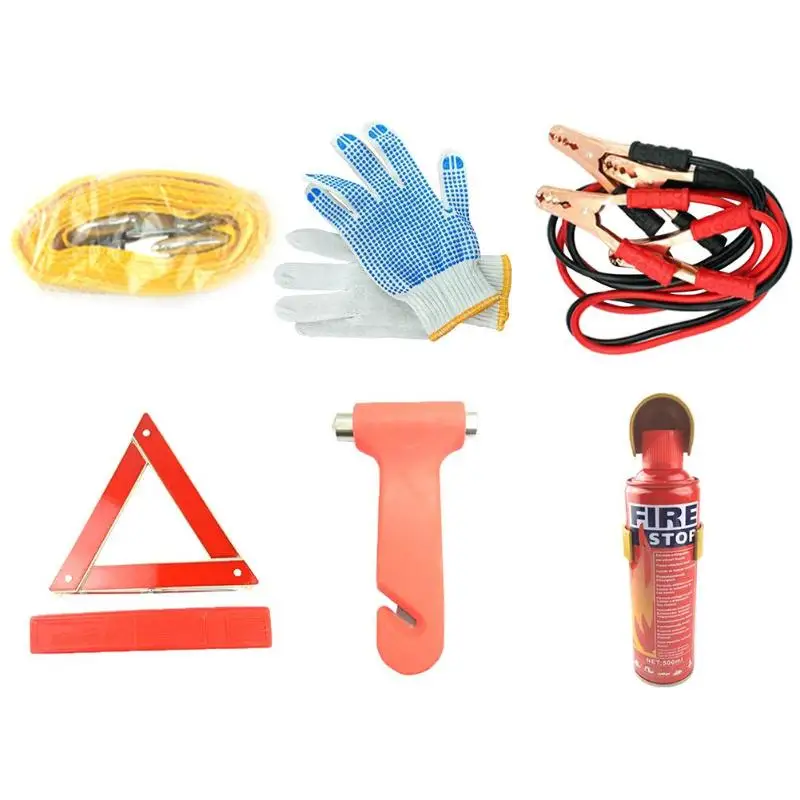 

6Pcs Auto Car Vehicle Truck Emergency Rescue Tools Kit First Aid Kit with Safety Hammer Fire Extinguisher Tow Rope Battery Clamp