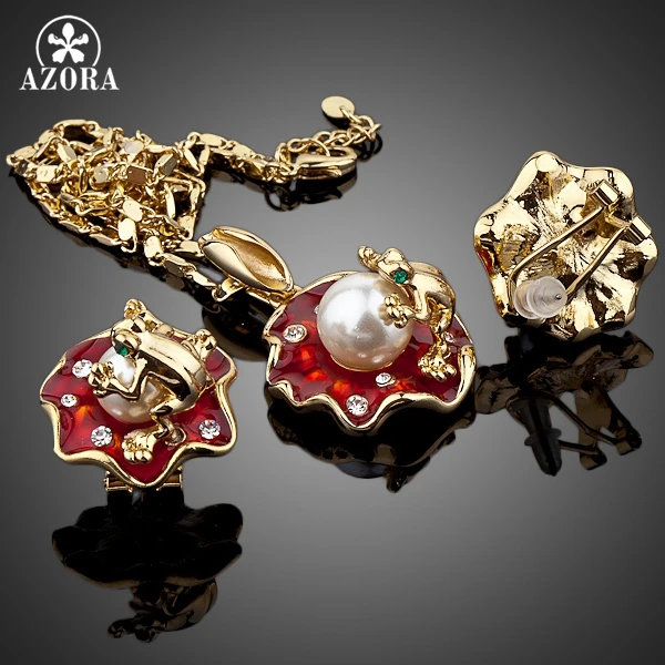 Азора лягушки на лотоса золотой цвет серьги гвоздики и ожерелье Ювелирные наборы TG0019