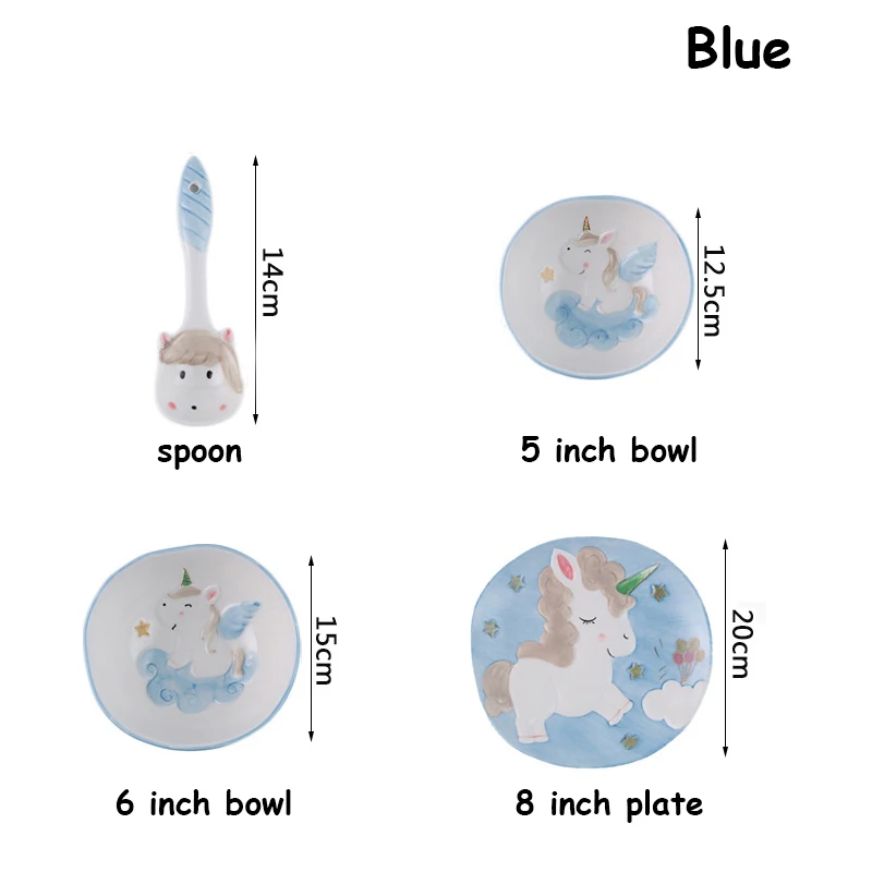 Мультяшная детская посуда Единорог паста тарелка чаши для риса и супа лоток ложка керамическая десертная посуда ручная роспись посуда полный набор - Цвет: Blue