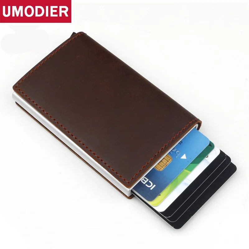 

Men Crazy Horse Genuine Leather Wallet Aluminum RFID Blocking Credit Card Holder Slim Mini Automatic Pop up Magic Travel Wallets