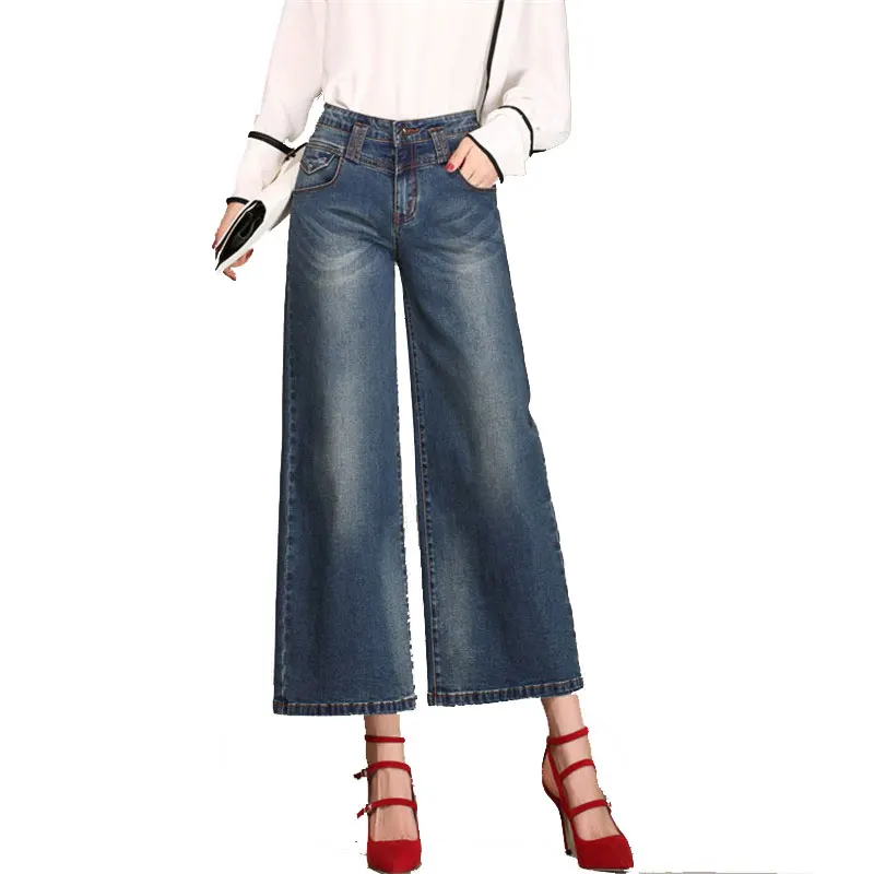 Новые женские джинсы клёш с высокой талией, модные джинсы с вырезами, брюки, свободные брюки, синие джинсовые, длиной до колена