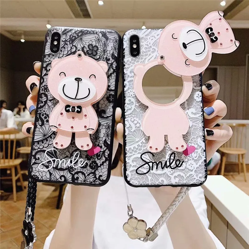 JAMULAR симпатичный зеркальный кружевной чехол с медведем для iPhone 7 X XR XS MAX 8 6 6s Plus