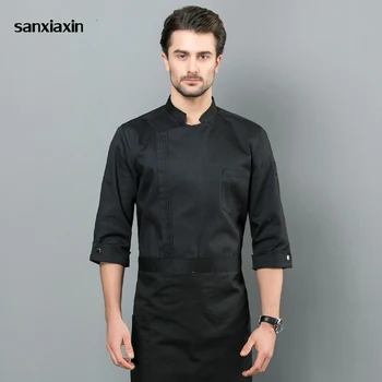 

sanxiaxin Food Service Kitchen Work Jackets Restaurant Chef Uniforms Sushi Bakery Cafe Waiter Catering black white coat Aprons