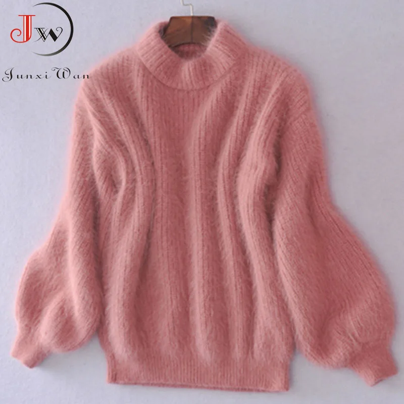 Comprar Suéter Mohair grueso cuello de tortuga blanco 2019 Otoño Invierno dulce moda linterna manga Casual Color sólido Pullover pull femme