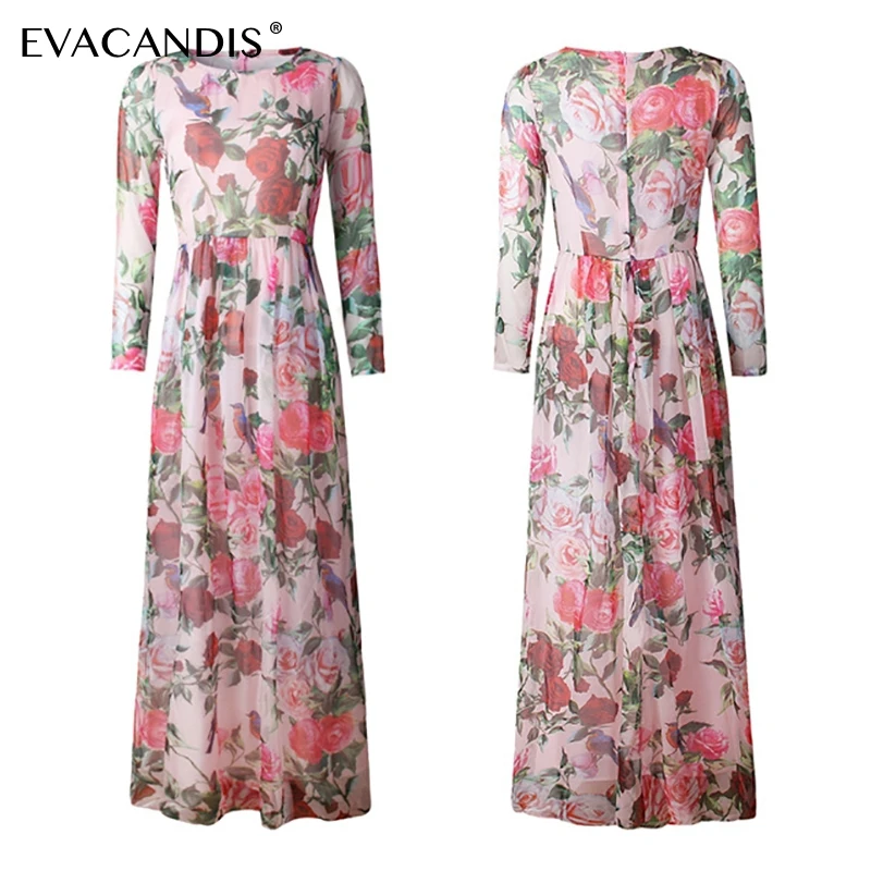 Цветочное длинное платье с длинным рукавом, элегантное винтажное длинное шифоновое платье с розовыми цветами, Пляжное платье размера плюс, летнее женское платье Vestidos