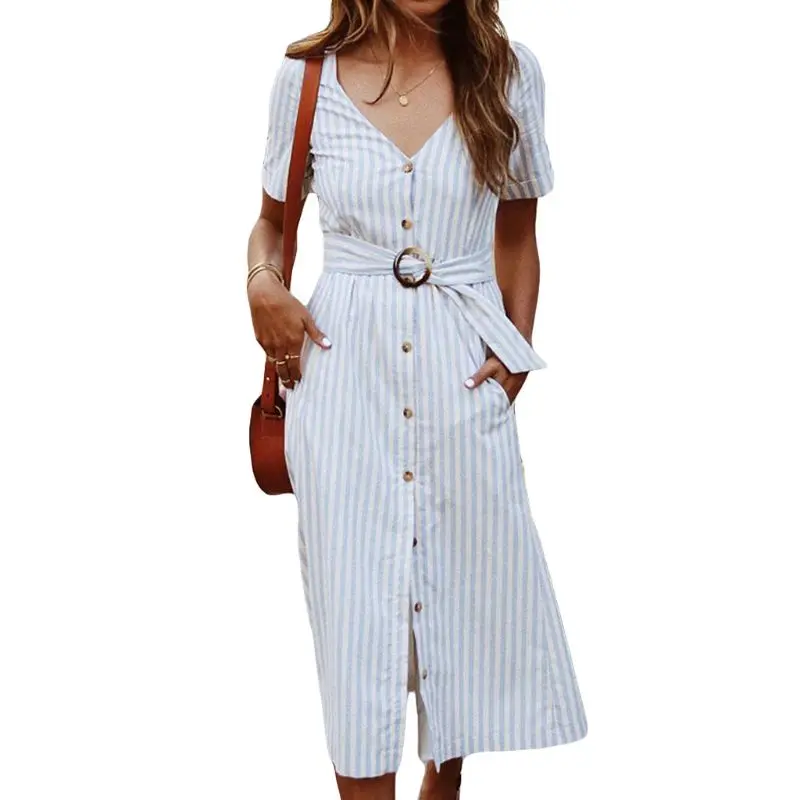 

Women Ladies Summer Holiday Short Sleeve V Neck Belt Button Sundress Swing Dress