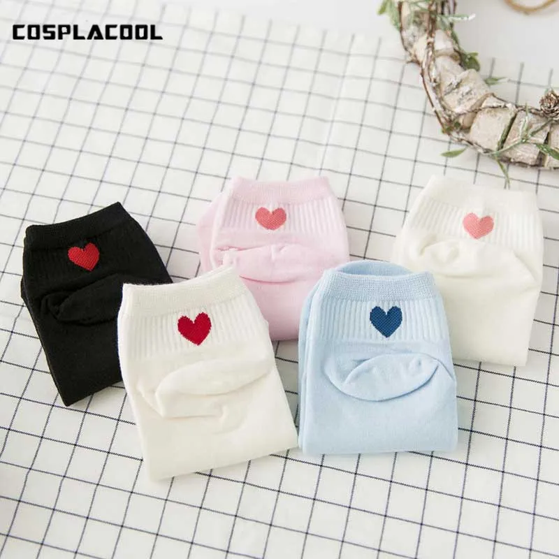 

[COSPLACOOL]5 Candy Color Love Behind Cute Socks Women Comfortable Fashion Heart Pattern Meias Cotton Bottom Calcetines Mujer