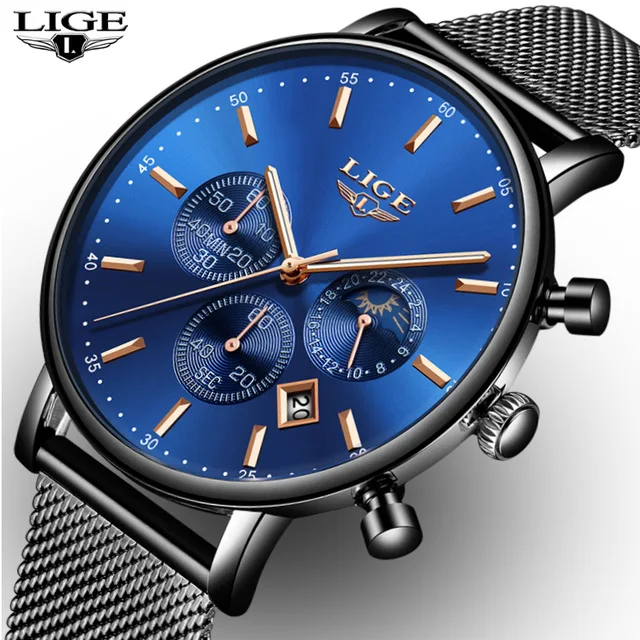 

LIGE Mens Watches Top Brand Luxury Quartz Clock Ultra Thin Fashion Moon Phase Watch Business Waterproof Women Watch Reloj Mujer