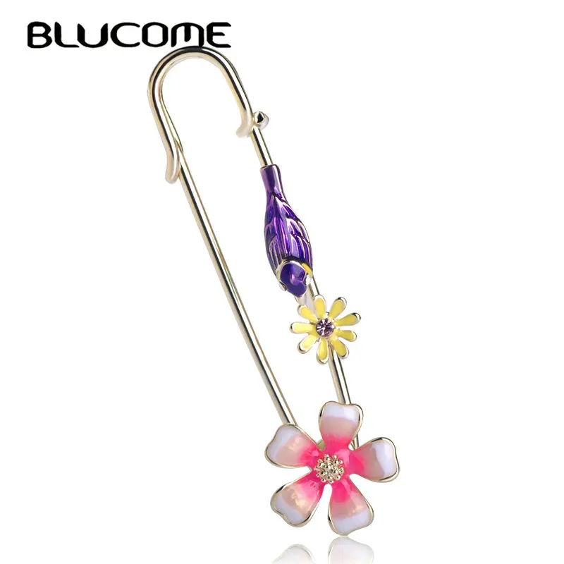 Blucome Fashion Pink Flower Bird Shape Brooch Pins Enamel Alloy Jewelry Women Girls Banquet Party Scarf Suit Wedding Accessories