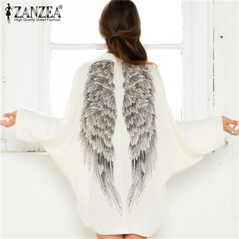 Spring Autumn Back Angel Wings Print Women Cardigan Kimono
