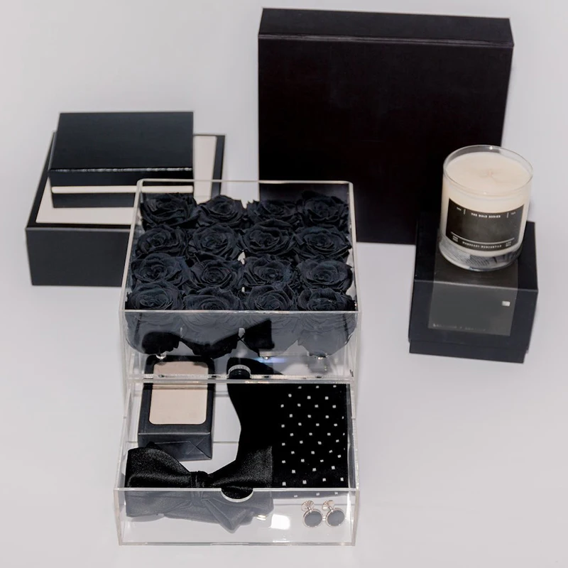 

Clear Acrylic Black Rose Box Makeup Organizer Cosmetic Case Rose Flower Box with Flowers Drawer Customize Valentine's Day Gifts