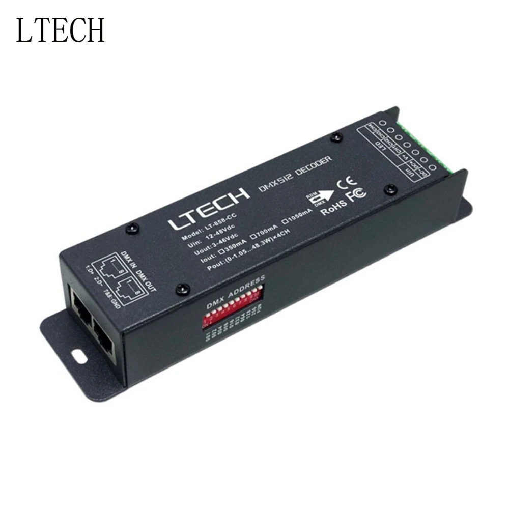 

LTECH Led DMX Decoder 4CH CC Constant Current DMX Decoder 3 In 1 4CH 350mA 700mA 1050mA CC DMX Decoder Output RJ45 DC12-48V