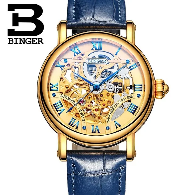Blue leather Gold Switzerland BINGER Роскошные автоматические часы золотой скелет Модные деловые часы Мужские механические наручные часы полный стальной relogio - Цвет: Blue leather Gold