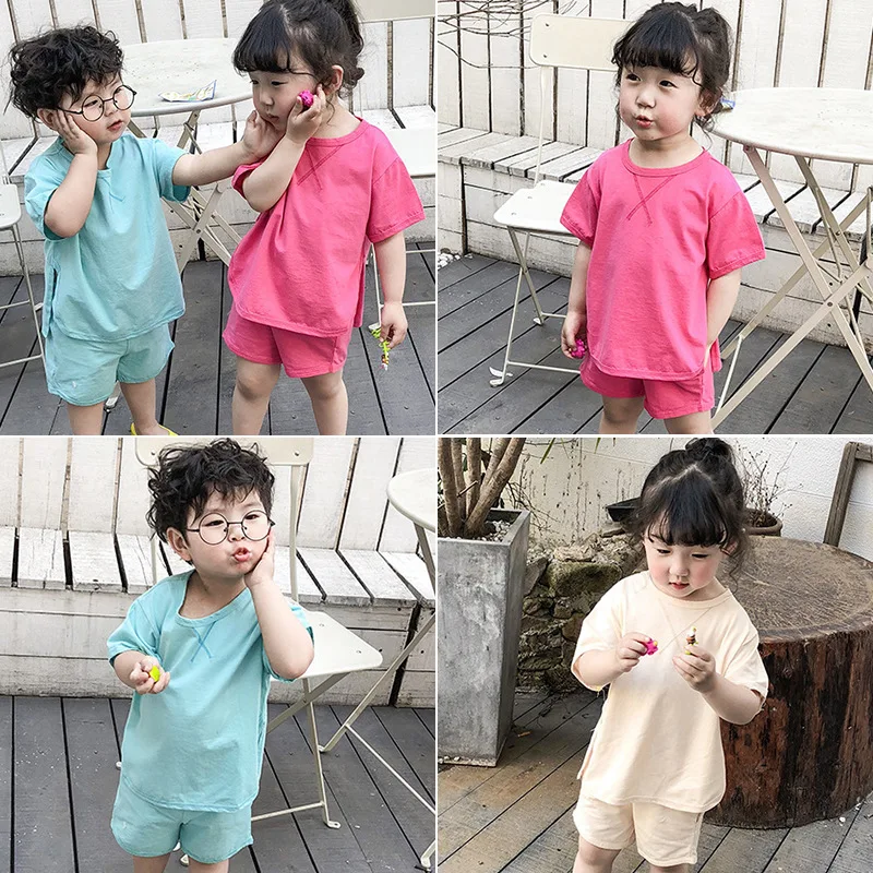 

Summer New Arrival korean style clothing sets cotton pure color short sleeve t-shirt with short pants fashion suit for boy girl