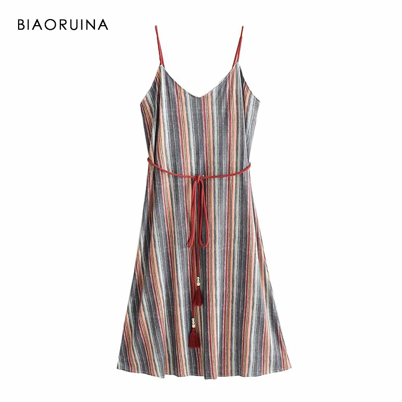 

BIAORUINA Women Casual Sleeveless V-neck Midi Dress Streetwear Female Summer Vintage Colorful Striped Fashion Dress High Waist