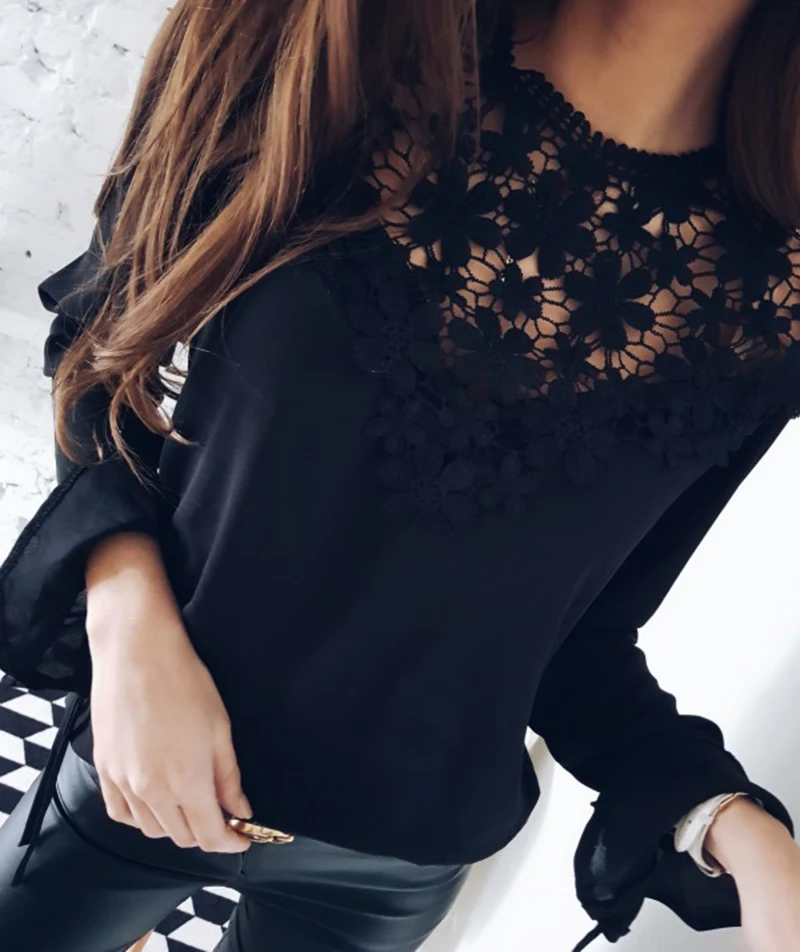 De 2018 Trompeta blanco Flor Manga Gasa Top Camisa Sexy Mujeres Otoño Nuevo Encaje Negro Calado Larga verde Panel rIW4xI1wfq