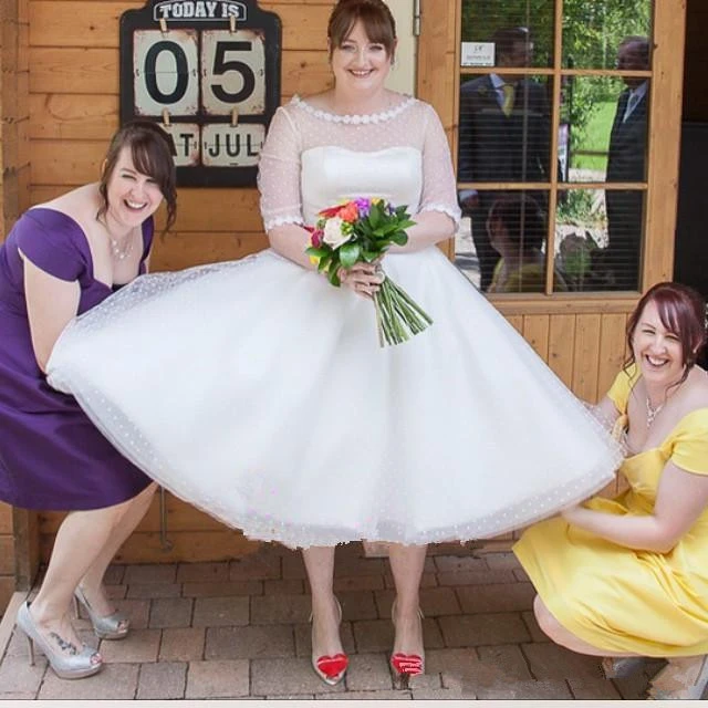 Short Plus Size Vintage 50s Wedding Dresses Tea Length Half Sleeve Scoop Neck Bow Belt Dot Tulle Bridal Gowns vestido de _ - AliExpress Mobile