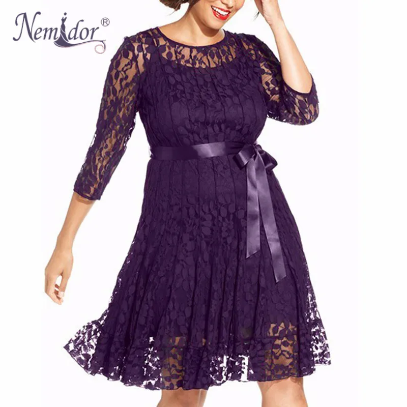 

Nemidor Hot Sales Women Vintage 3/4 Sleeve Embroidery Lace A-line Dress O-neck Plus Size 8XL 9XL Belted Party Midi Swing Dress