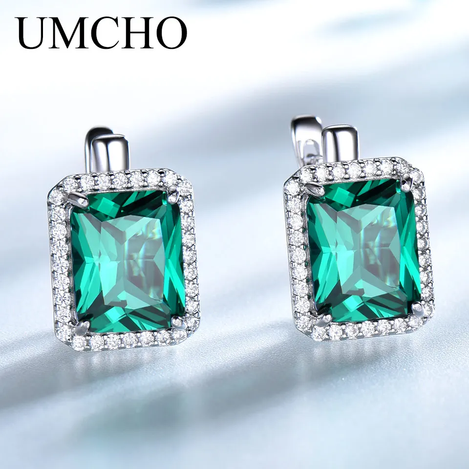 Skup UMCHO Luxury Rectangle utworzono szmaragdowe klipsy Solid 925 Sterling Silver kolorowy kamień szlachetny kolczyki dla kobiet Fine Jewelry