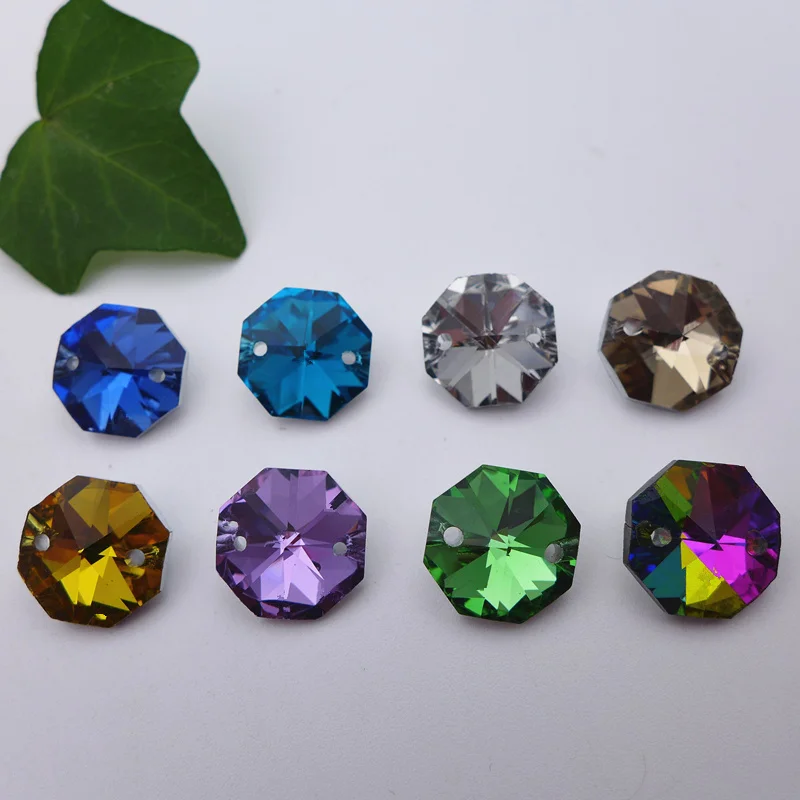 

2 / two holes 14mm glass octagon beads ab plating colour crystal chandelier pendant connector light drops curtain parts 100pcs