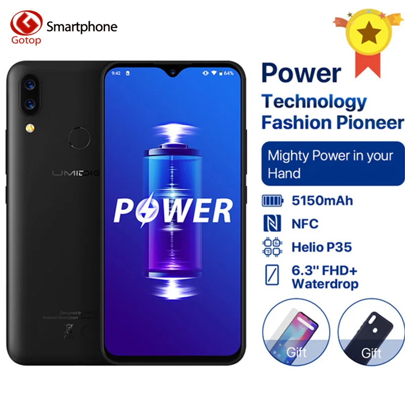 UMIDIGI power Android 9,0 5150 мАч Батарея 16 Мп+ 5 Мп камера 18 Вт 6,3 'FHD+ экран с каплями воды 4 Гб ram 64 Гб rom смартфон Helio P35