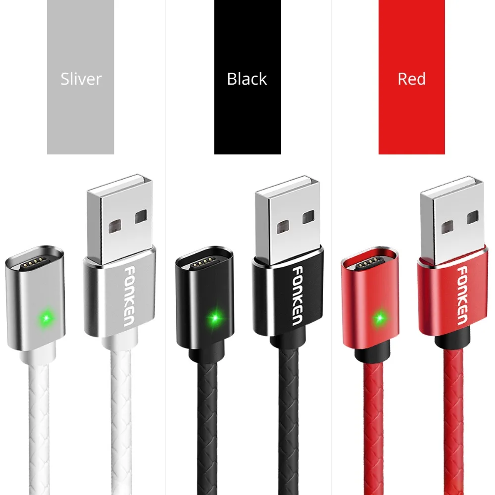 Магнитный кабель Micro USB FONKEN, магнитный кабель Mini USB для мобильного телефона, быстрое зарядное устройство, 1 м, макс. 2,4 А, светодиодный кабель для зарядки и синхронизации данных