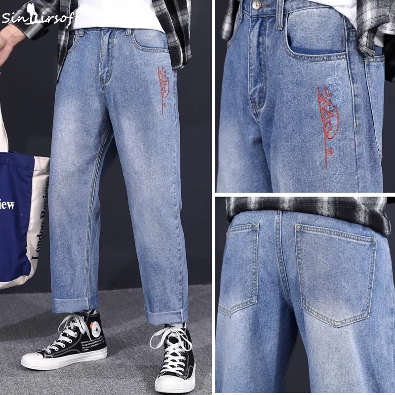 Джинсовая уличная одежда, широкие брюки, мужские свободные джинсы с вышитыми буквами, высокая уличная мода, джинсы до щиколотки, мужские летние брюки для скейтборда