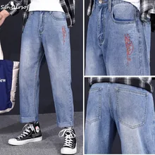 Джинсовая уличная одежда, широкие брюки, мужские свободные джинсы с вышитыми буквами, высокая уличная мода, джинсы до щиколотки, мужские летние брюки для скейтборда