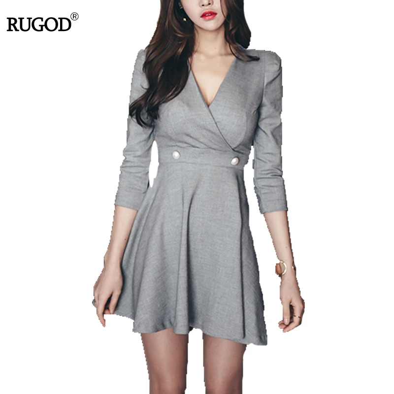 

RUGOD Women Autumn V-neck Three Quarter Sleeve Office Lady Dress Women Slim Tunic Elegant Business Dress Vintage Vestidos Mujer