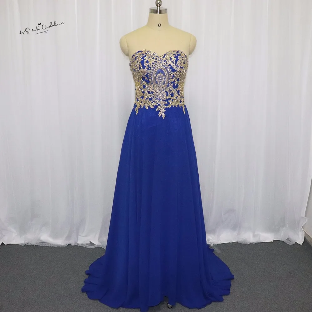 Abendkleider 2017 Royal Blue Formal Evening Gowns Dresses Gold Lace