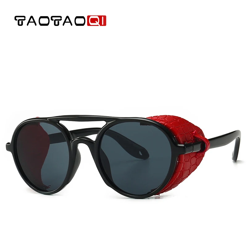 

Women Fashion SteamPunk Style Round Sunglasses Leather Side Shield Brand Design Sun Glasses Oculos De Sol