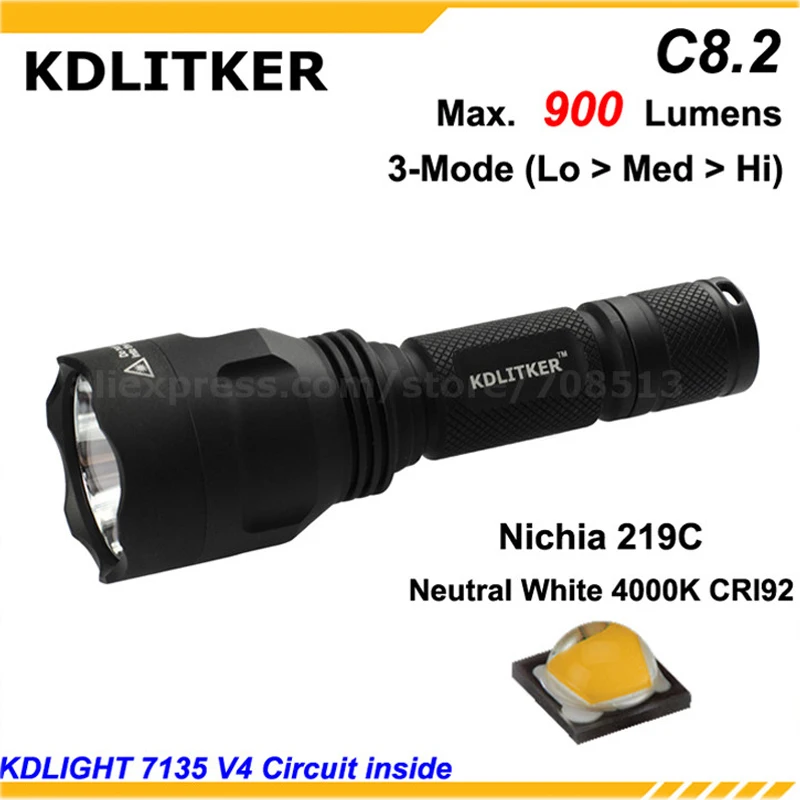 

New KDLITKER C8.2 Nichia 219C Neutral White 4000K CRI92 900 Lumens 3-Mode LED Flashlight - Black (1x18650)