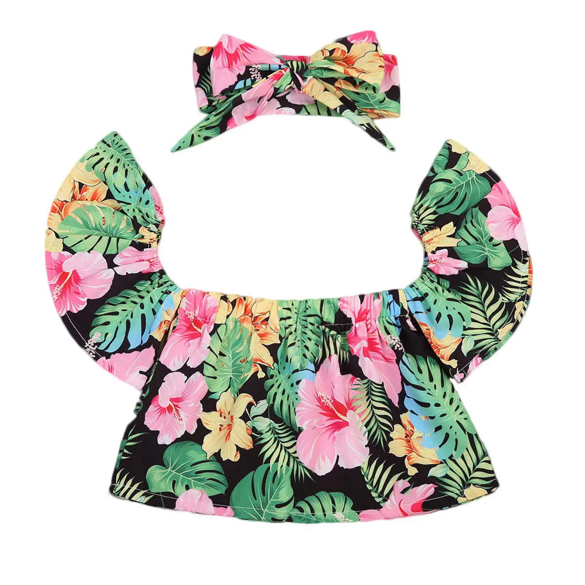 

2Pcs Toddler Baby Girls Kids Off Shoulder Tops T-shirt Headband Clothes Children Enfant Girl T Shirts Flower Cute Print Clothing